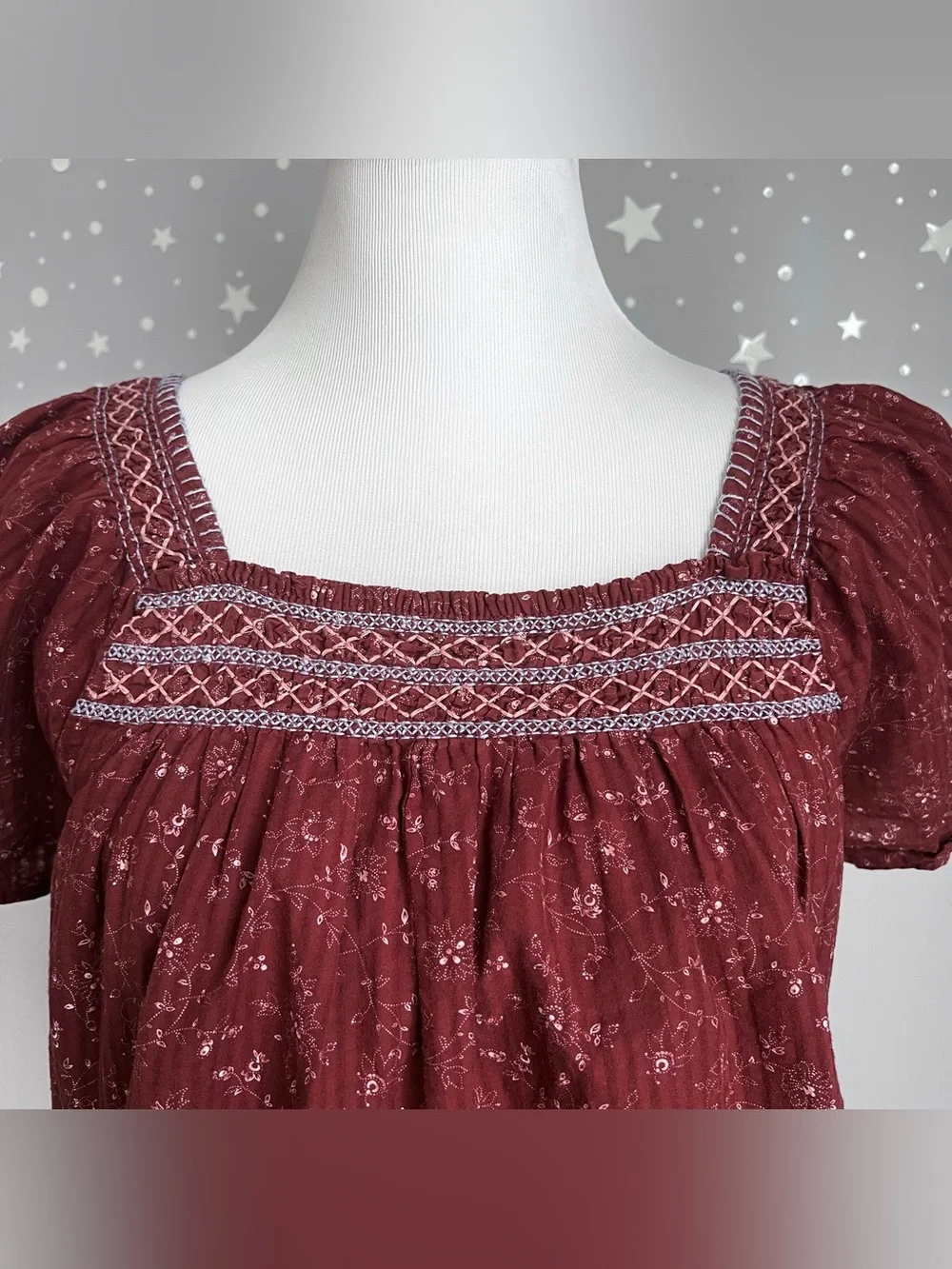 Madewell Square Neck Smocked Top XS Rusted Burgundy Floral Puff Sleeve Cotton